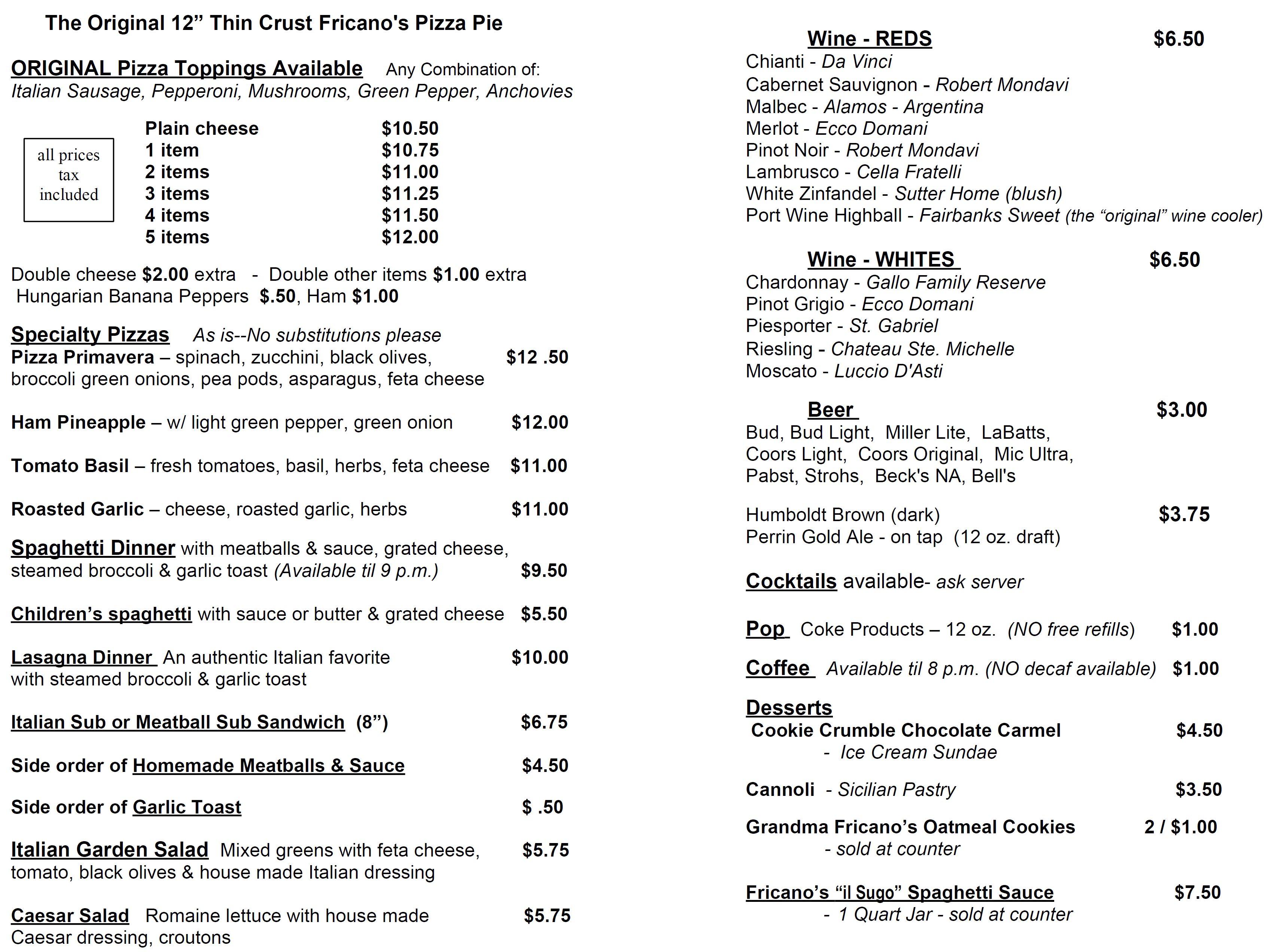 Menu for Fricano's Pizza Restaurant in Comstock Park, Michigan